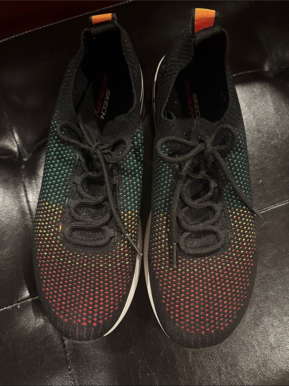 Skechers Black Knit Athletic Shoes with Red, Green & Orange Accents worn once.